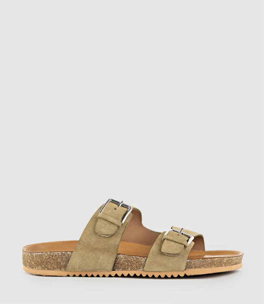 KRYO Two Strap Slide with Buckle in Beige Suede sold by Edward Meller