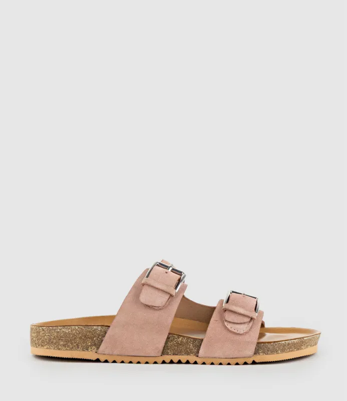 KRYO Two Strap Slide with Buckle in Rose Suede sold by Edward Meller
