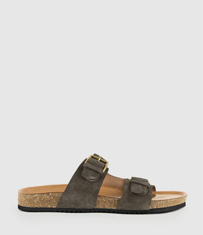 KRYO Two Strap Slide with Buckle in Coffee Suede sold by Edward Meller