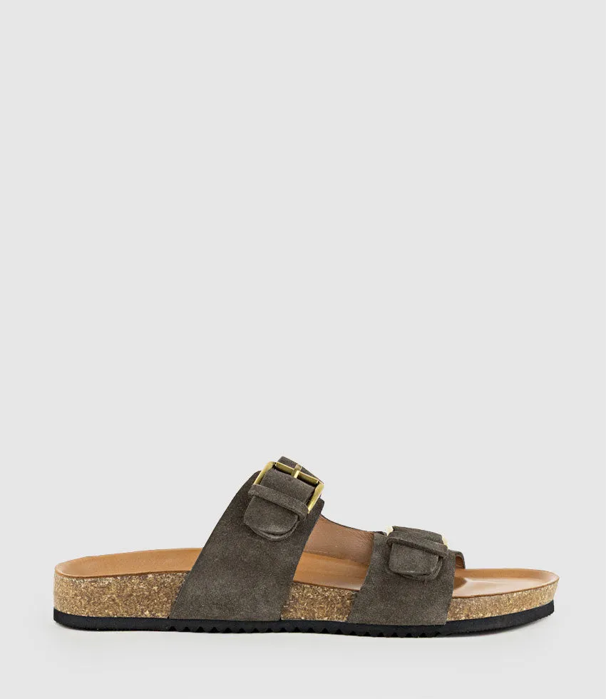 KRYO Two Strap Slide with Buckle in Coffee Suede sold by Edward Meller