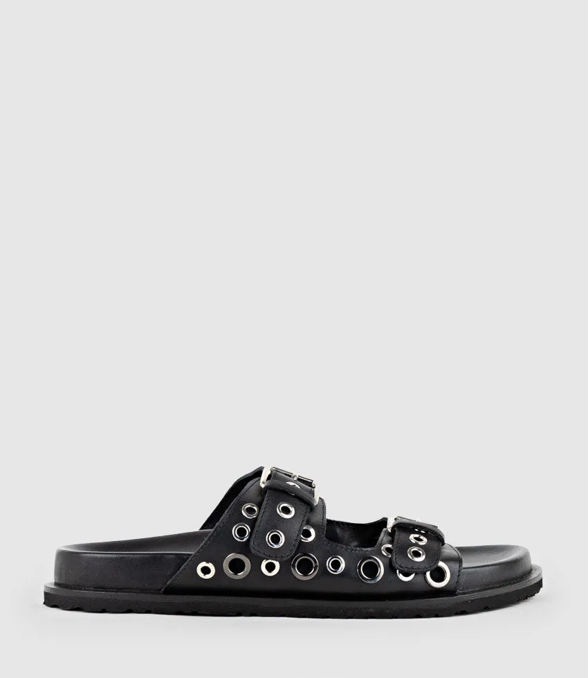 KRYNNE Slide with Eyelets in Black sold by Edward Meller