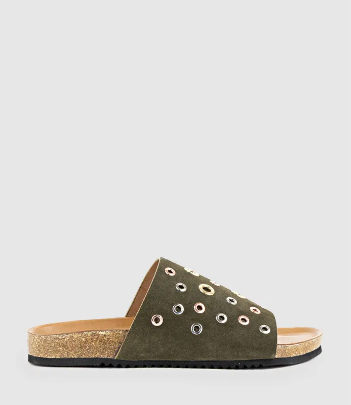 KUNE Slide with Eyelets in Forest Suede sold by Edward Meller