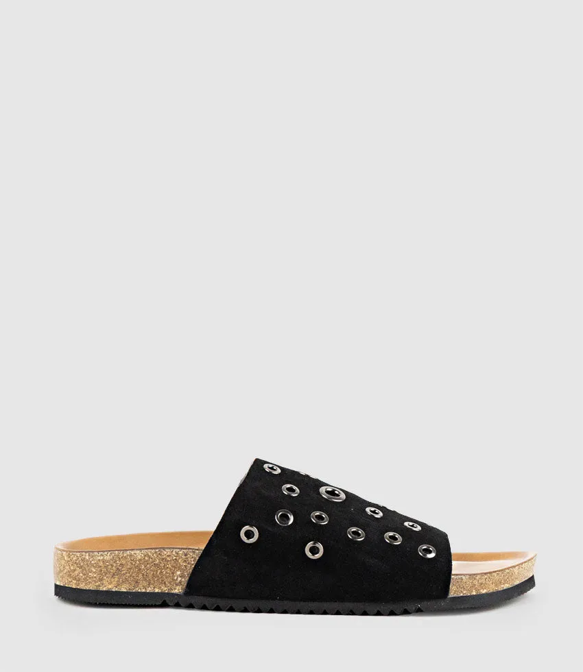 KUNE Slide with Eyelets in Black Suede sold by Edward Meller