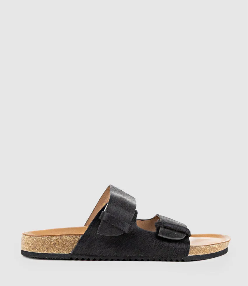 KLEIN Two Strap Slide in Black Pony Hair sold by Edward Meller