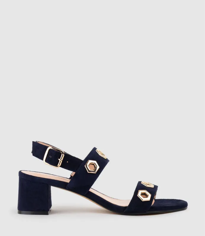 SIRELLE50 Sandal with Geometric Hardware in Navy Suede sold by Edward Meller