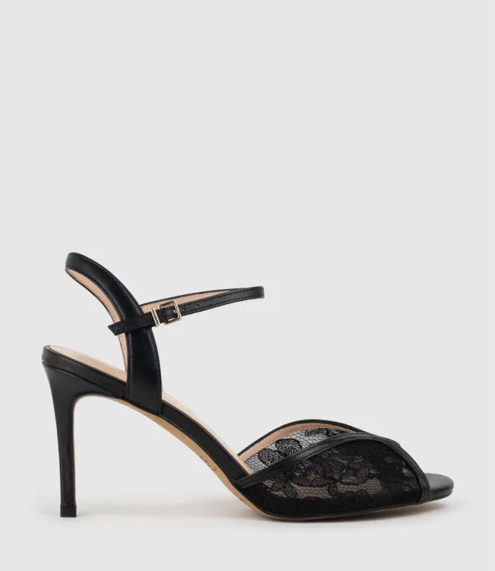 VARIAN85 Tulip Front Sandal in Black Lace sold by Edward Meller