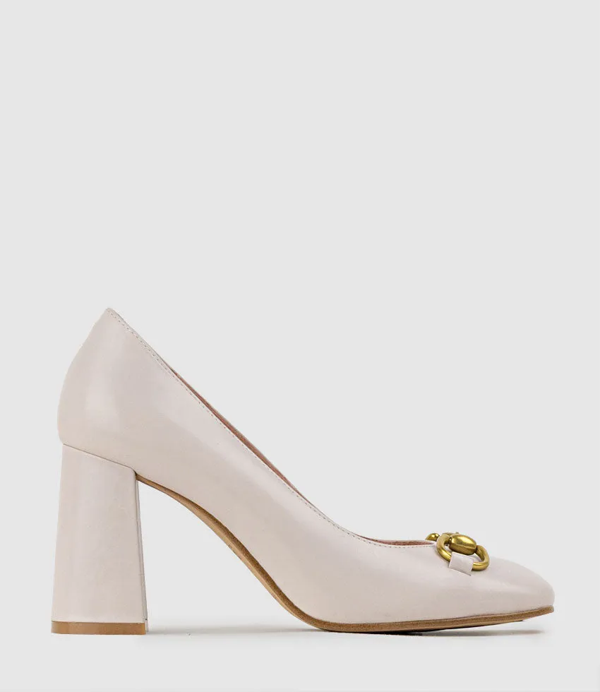 BAILEY85 Block Heel Pump with Trim in Blush Calf sold by Edward Meller