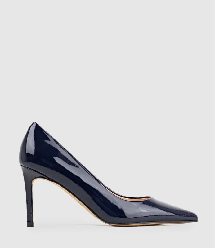 AISHA85 Pointed Pump in Navy Patent sold by Edward Meller