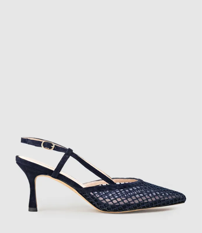 DELILAH75 Mesh Slingback Pump in Navy Suede sold by Edward Meller