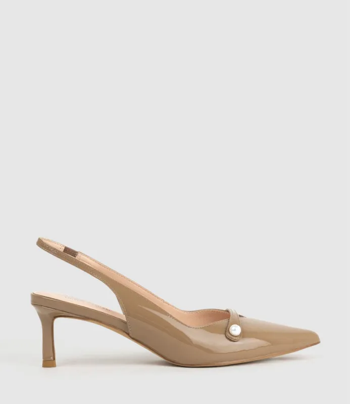 DIVINE55 Slingback Pump with Pearl in Latte Patent sold by Edward Meller