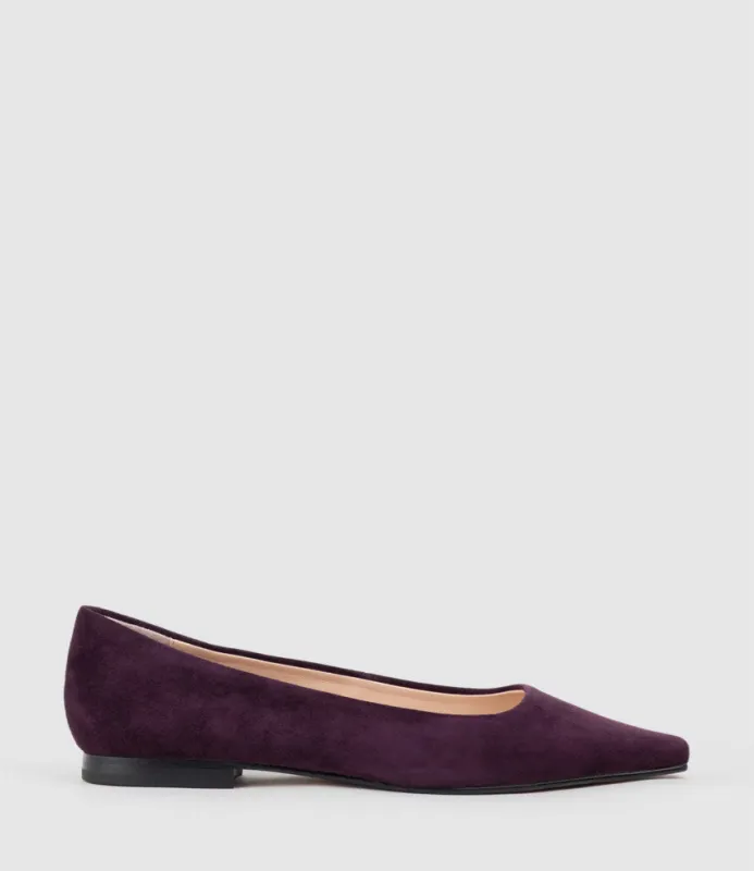 ELVY Chiselled Flat Pump in Eggplant Suede sold by Edward Meller