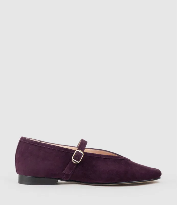 FLAVIA Choked Up Ballet with Strap in Eggplant Suede sold by Edward Meller