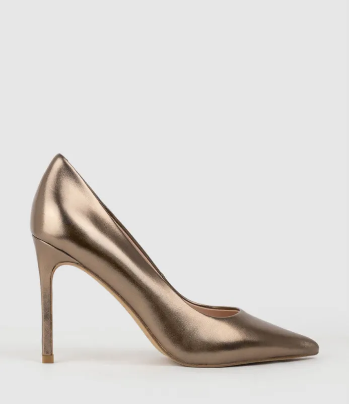ALLEGRA100 Pointed Stiletto Pump in Bronze sold by Edward Meller