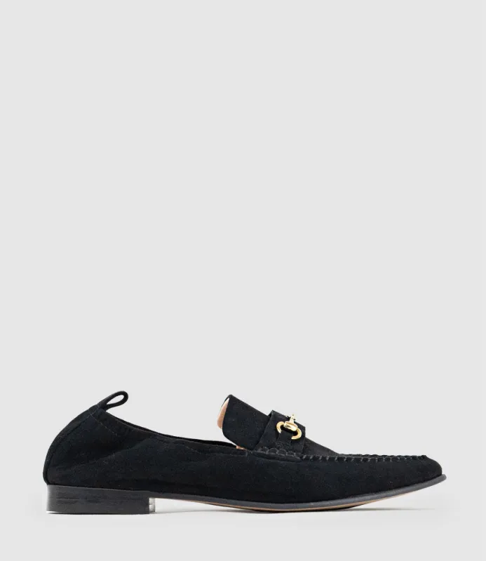 HARLOW Elastic Back Moccasin in Black Suede sold by Edward Meller