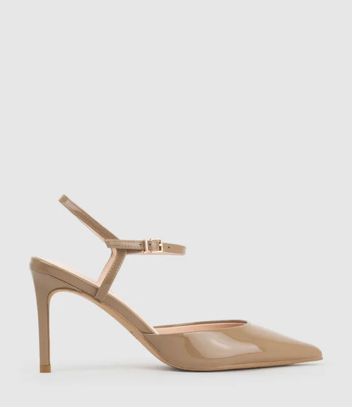 ATTICUS85 Open Waist Pump with Ankle Strap in Latte Patent sold by Edward Meller