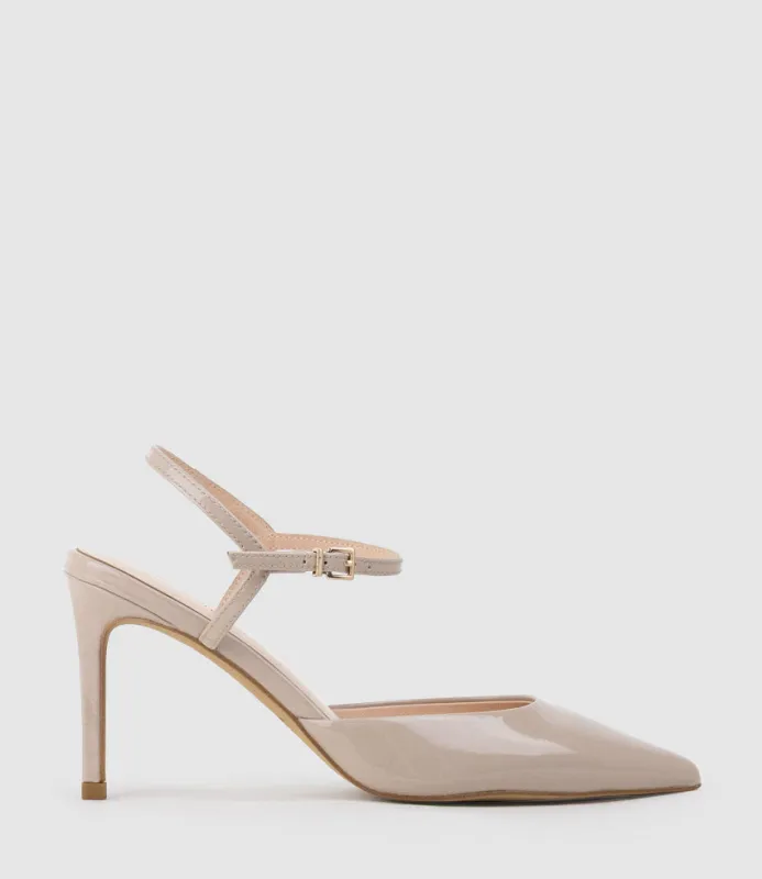 ATTICUS85 Open Waist Pump with Ankle Strap in Blush Patent made by Edward Meller
