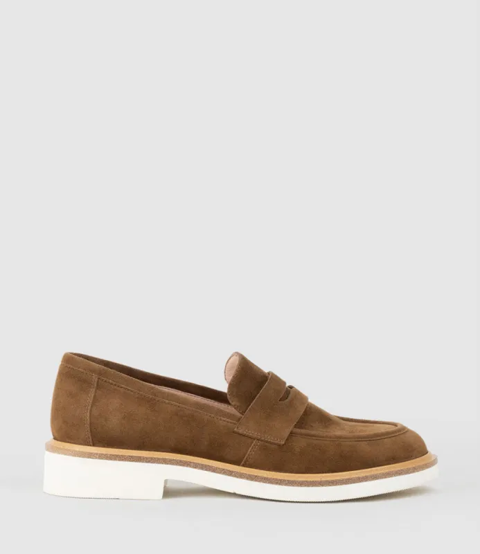 GALIA Loafer with Keeper in Tan Suede sold by Edward Meller