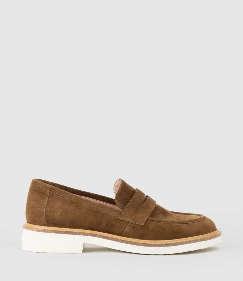 GALIA Loafer with Keeper in Tan Suede sold by Edward Meller