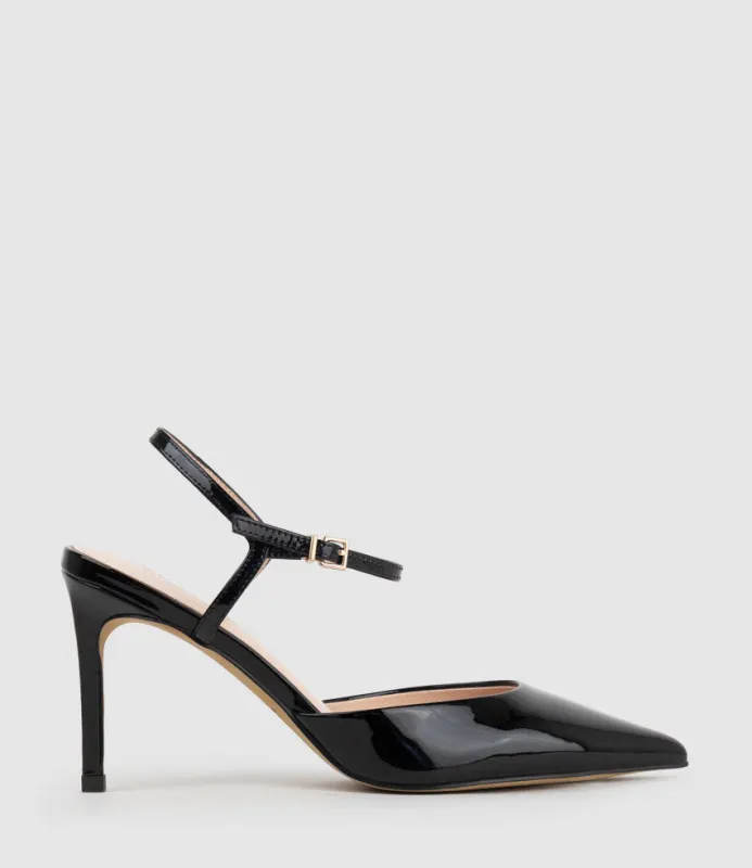 ATTICUS85 Open Waist Pump with Ankle Strap in Black Patent sold by Edward Meller