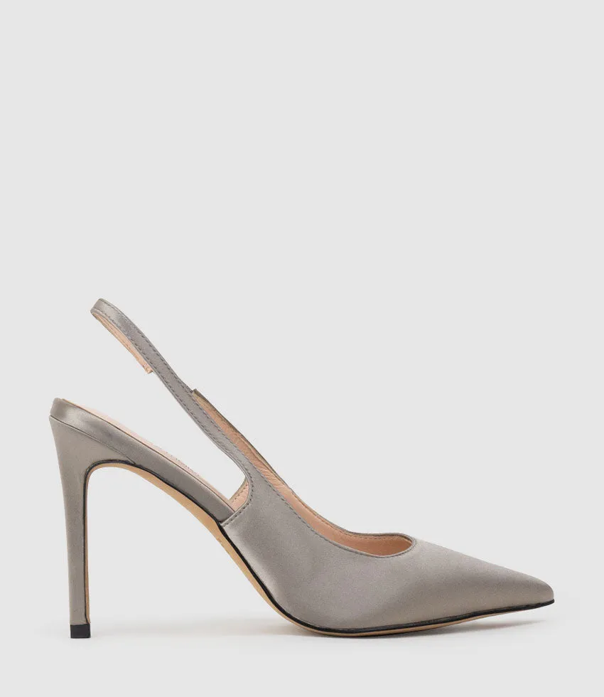 ANDREA100 Stiletto Slingback Pump in Pewter Silk sold by Edward Meller