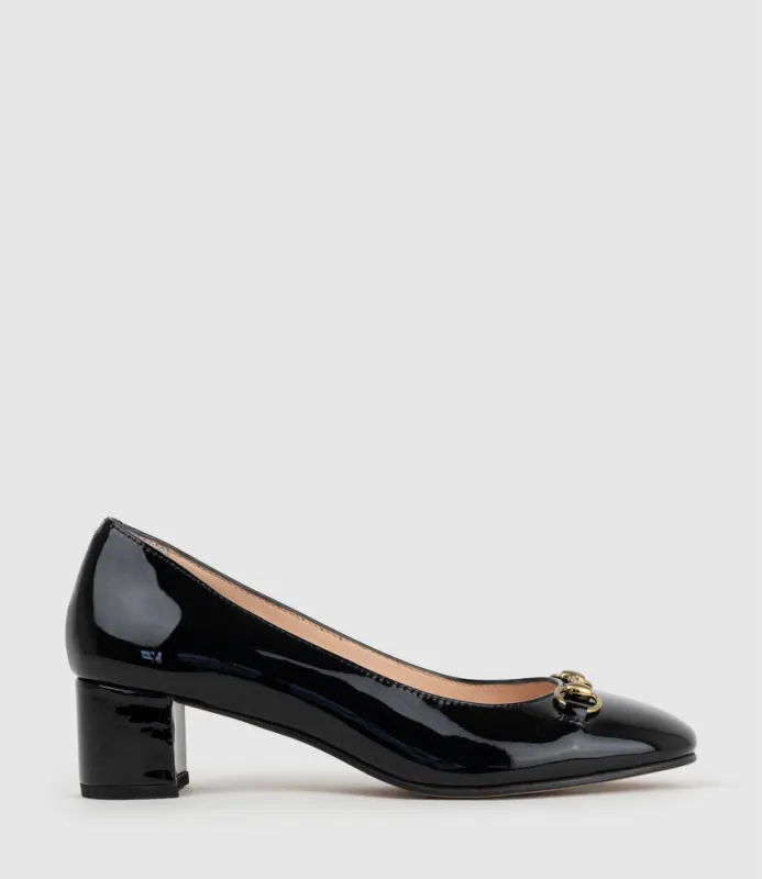 CELESTE45 Pump with Trim in Black Patent sold by Edward Meller
