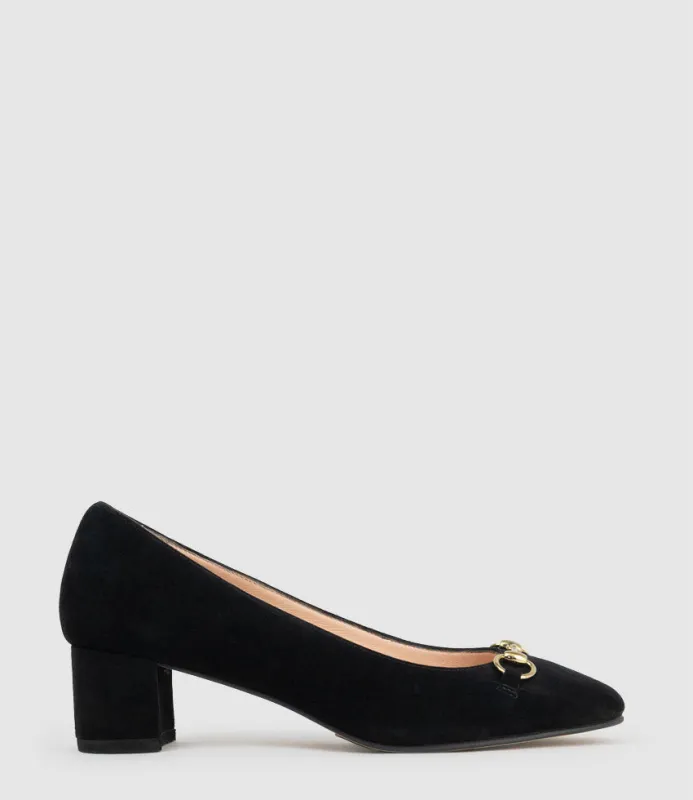 CELESTE45 Pump with Trim in Black Suede sold by Edward Meller
