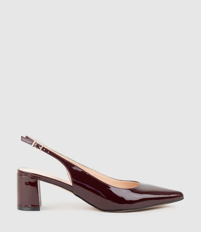 BARI55 Block Heel Slingback Pump in Wine Patent sold by Edward Meller