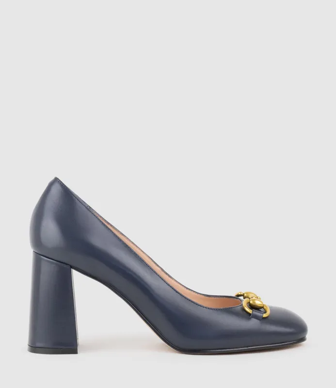 BAILEY85 Block Heel Pump with Trim in Navy Calf made by Edward Meller
