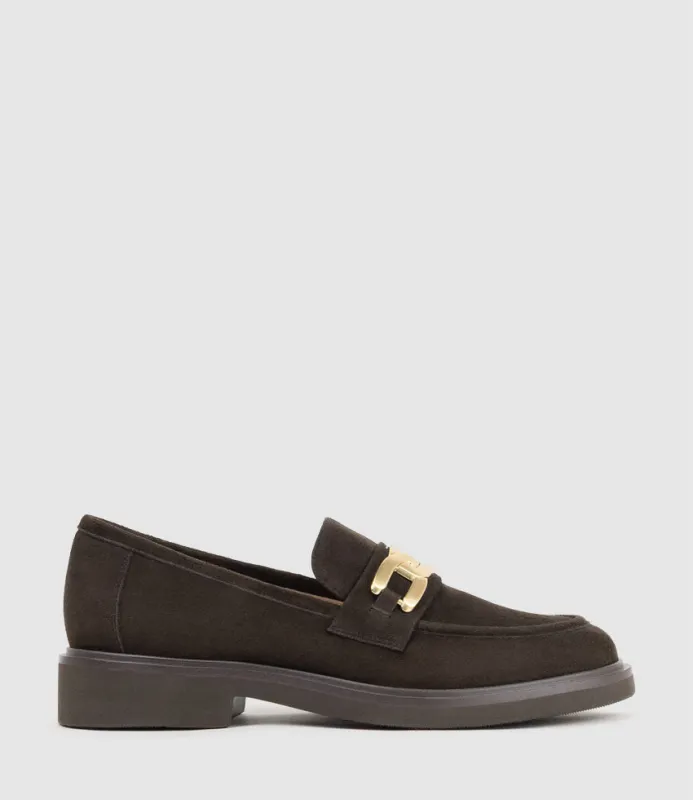 GARCON Moccasin with Trim in Chocolate Suede sold by Edward Meller
