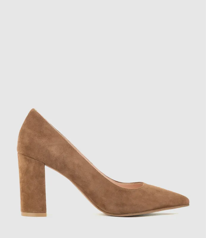 BRYNLEY85 Block Heel Pointed Pump in Tan Suede sold by Edward Meller