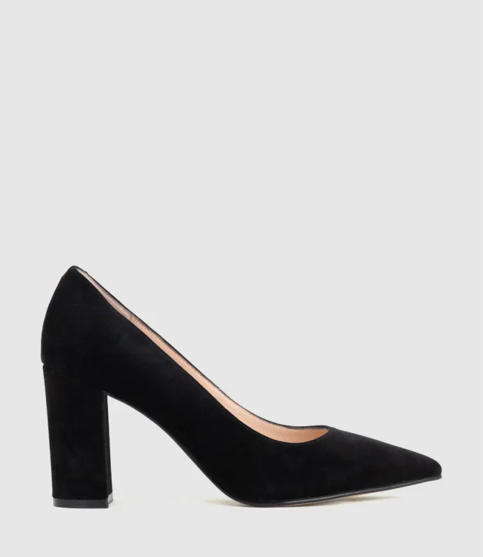 BRYNLEY85 Block Heel Pointed Pump in Black Suede sold by Edward Meller