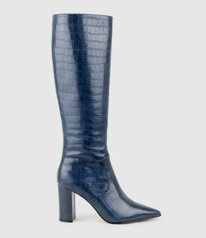 VAIN85 Knee High Boot in Blue Croc Print Calf made by Edward Meller