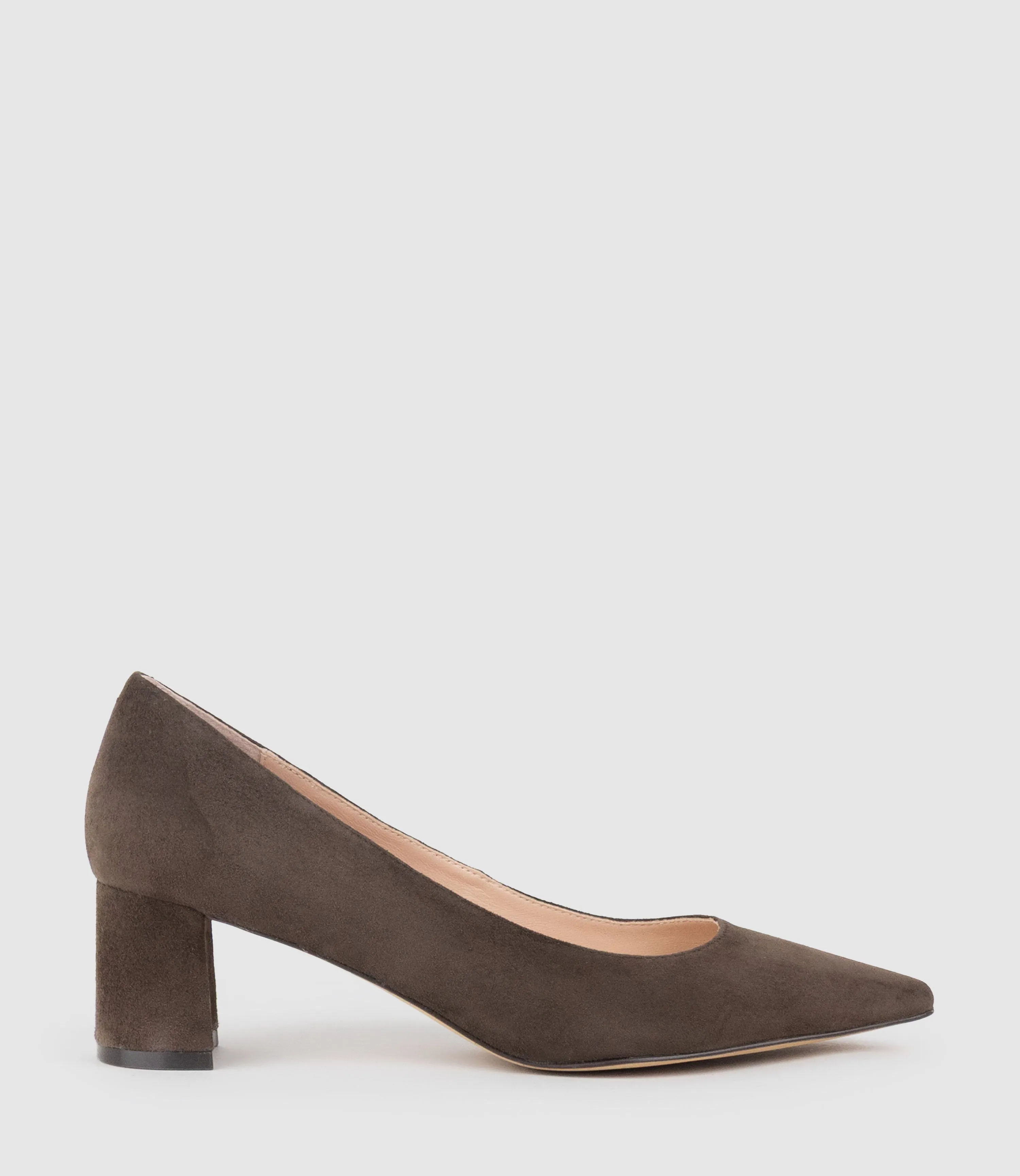 BETA55 Block Heel Pump in Chocolate Suede sold by Edward Meller
