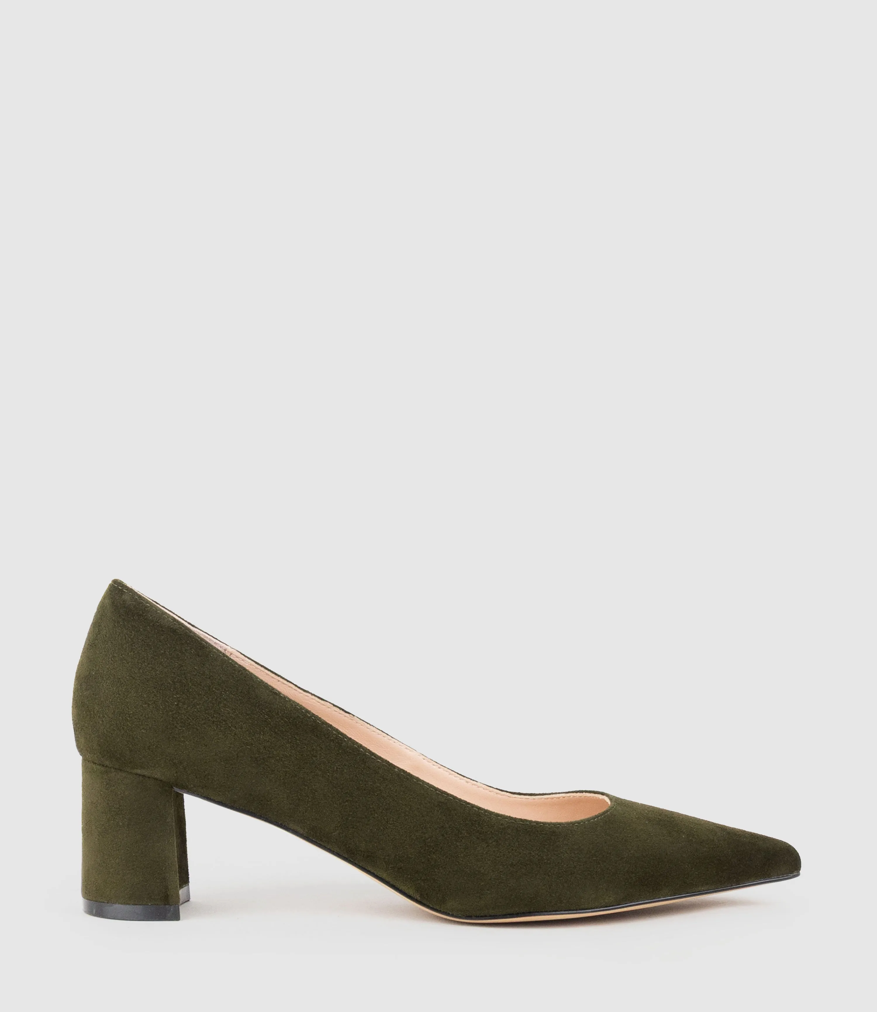 BETA55 Block Heel Pump in Olive Suede sold by Edward Meller