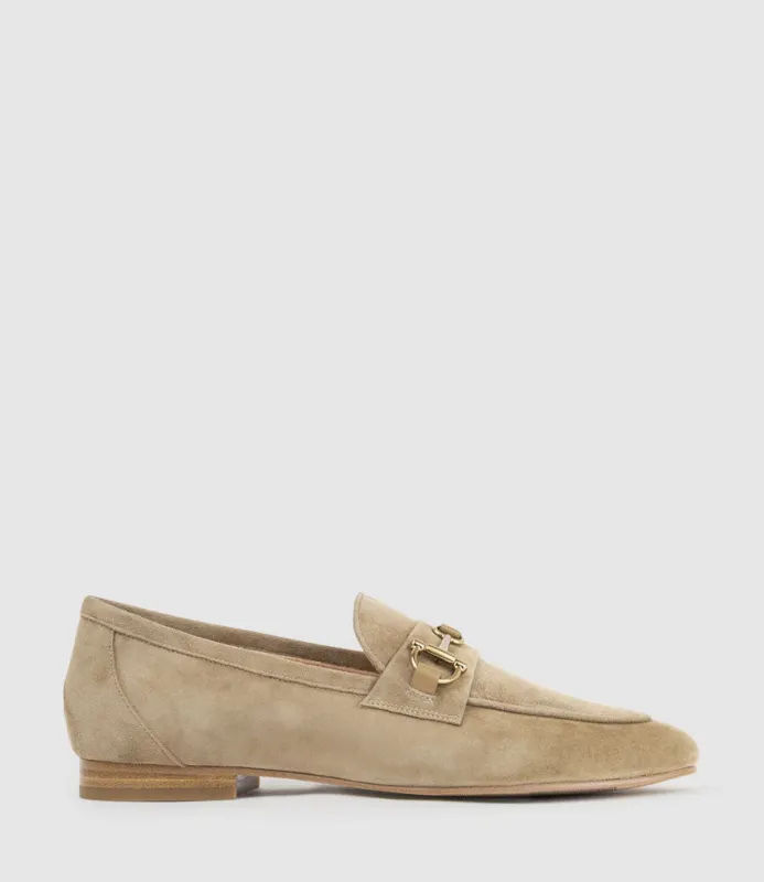 FAUSTINE Loafer with Asymmetrical Trim in Camel Suede made by Edward Meller