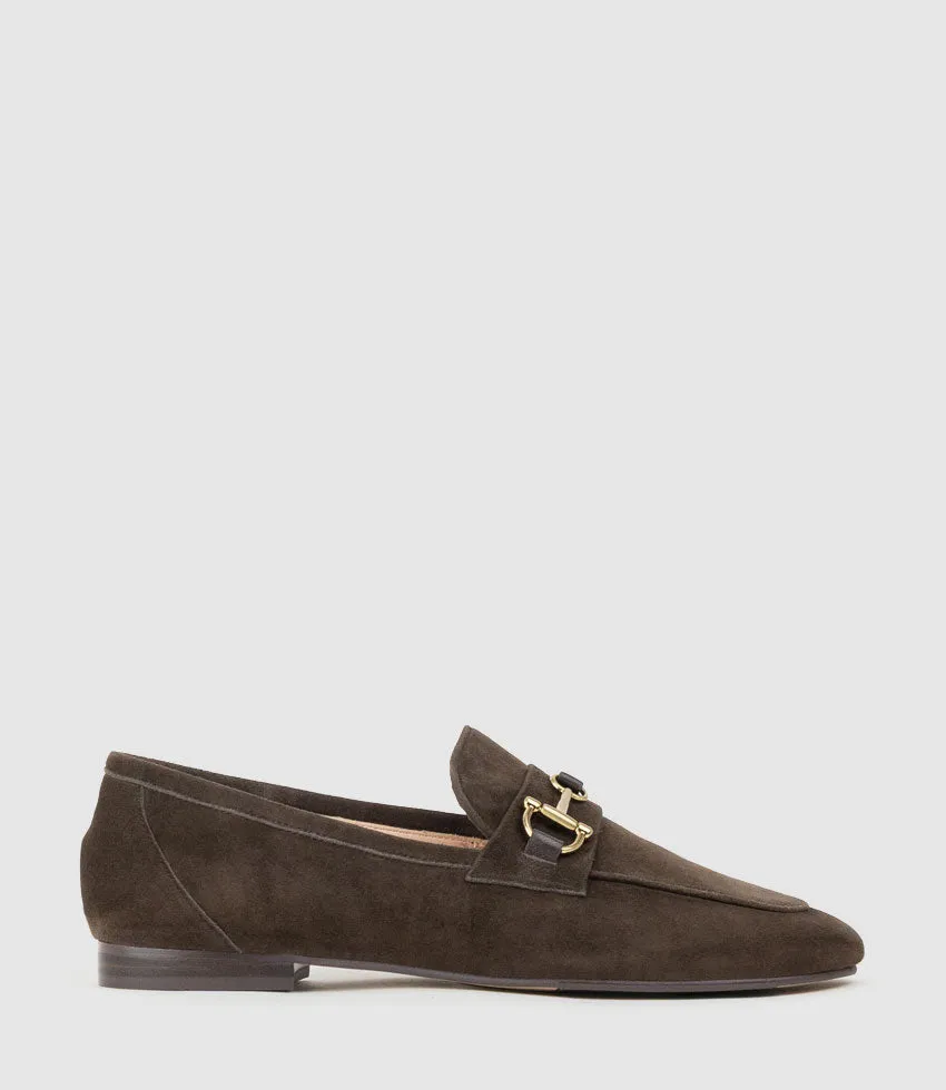 FAUSTINE Loafer with Asymmetrical Trim in Chocolate Suede sold by Edward Meller