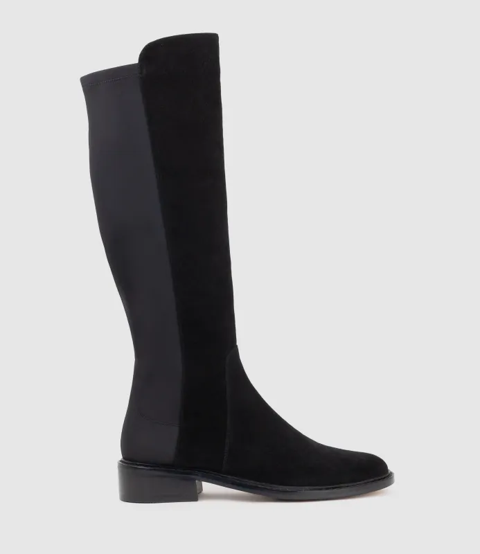 VALOR30 Knee High Stretch Back Boot in Black Suede made by Edward Meller