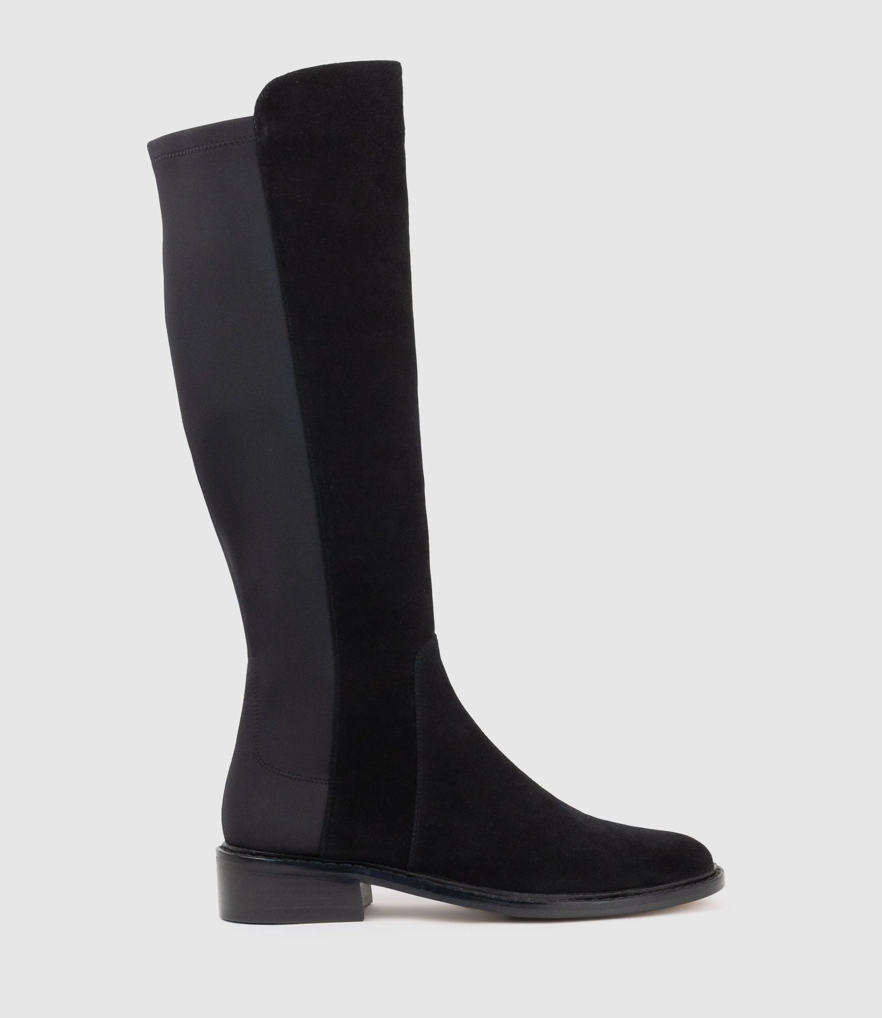 VALOR30 Knee High Stretch Back Boot in Black Suede sold by Edward Meller