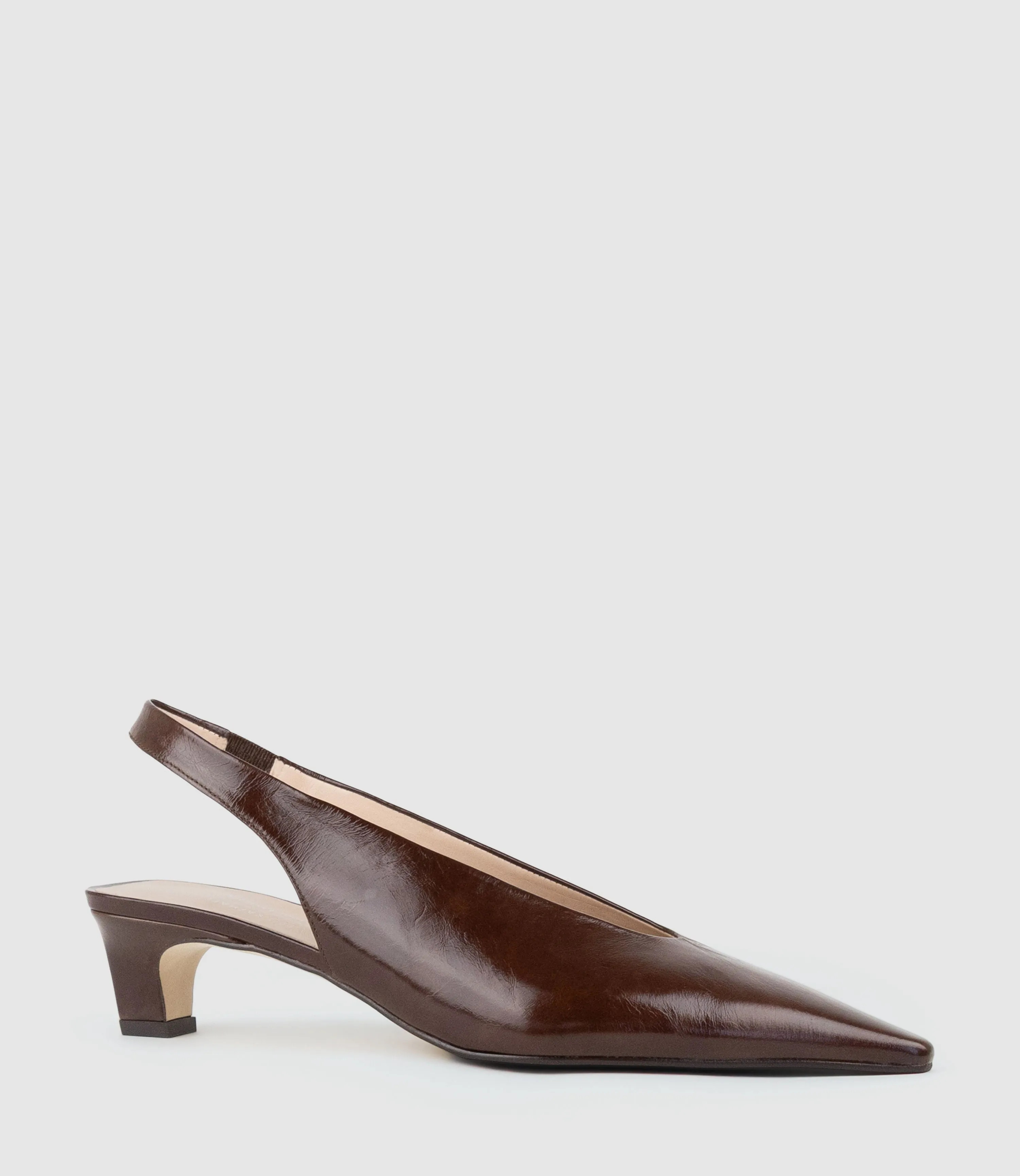 DIALA40 Choked Slingback in Chocolate Crinkle Patent sold by Edward Meller