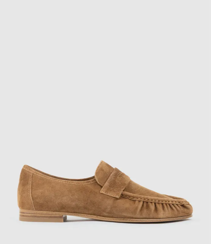 HYPER Ruched Moccasin in Tan Suede made by Edward Meller