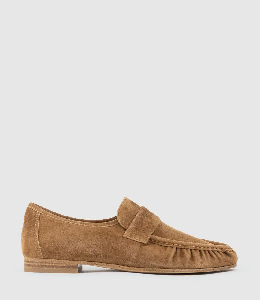 HYPER Ruched Moccasin in Tan Suede sold by Edward Meller