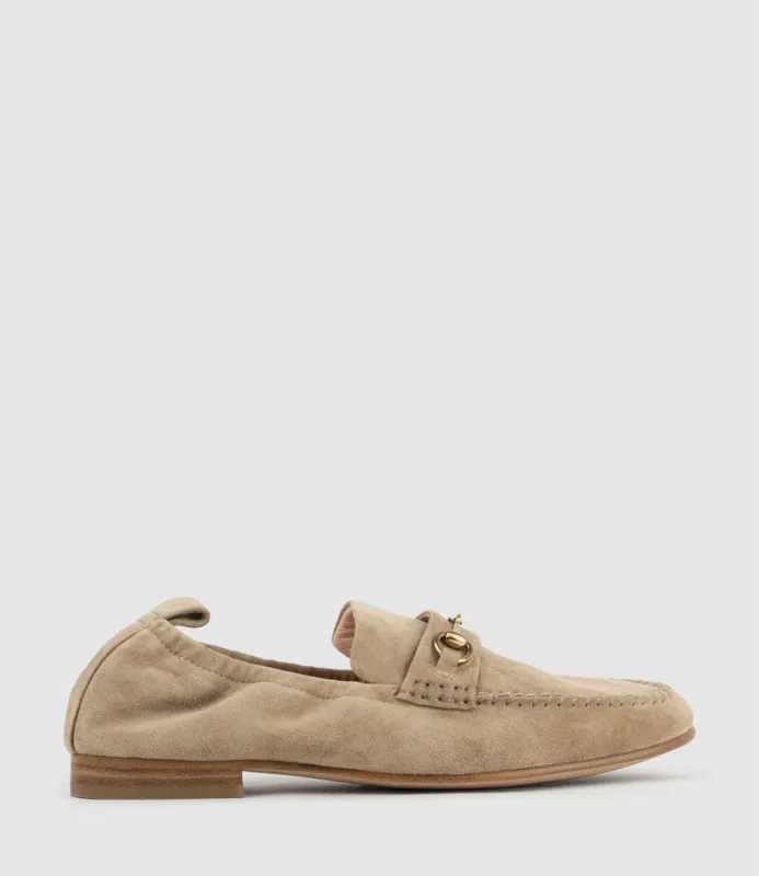 HARLOW Elastic Back Moccasin in Camel Suede made by Edward Meller