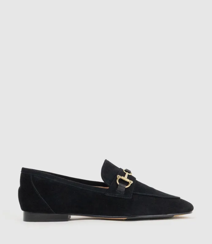 FAUSTINE Loafer with Asymmetrical Trim in Black Suede made by Edward Meller