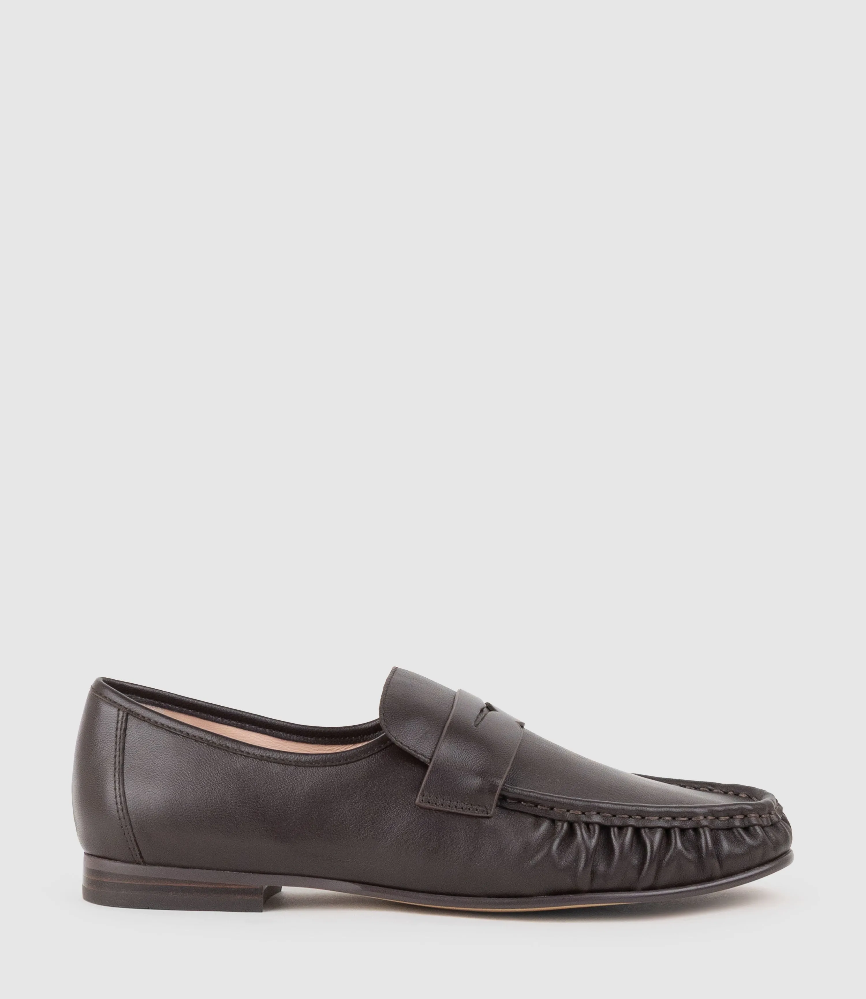 HYPER Ruched Moccasin in Chocolate sold by Edward Meller