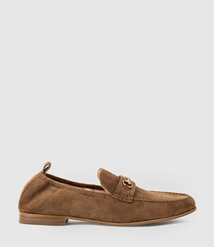 HARLOW Elastic Back Moccasin in Tan Suede made by Edward Meller