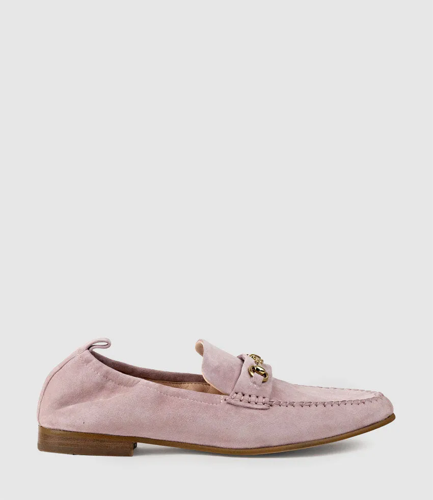 HARLOW Elastic Back Moccasin in Petal Suede sold by Edward Meller