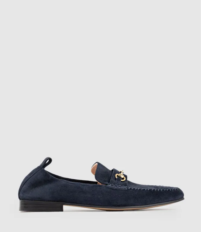 HARLOW Elastic Back Moccasin in Ink Suede made by Edward Meller
