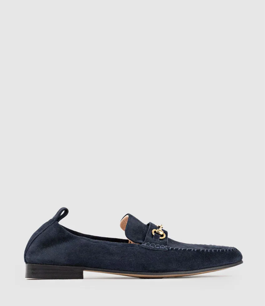 HARLOW Elastic Back Moccasin in Ink Suede sold by Edward Meller