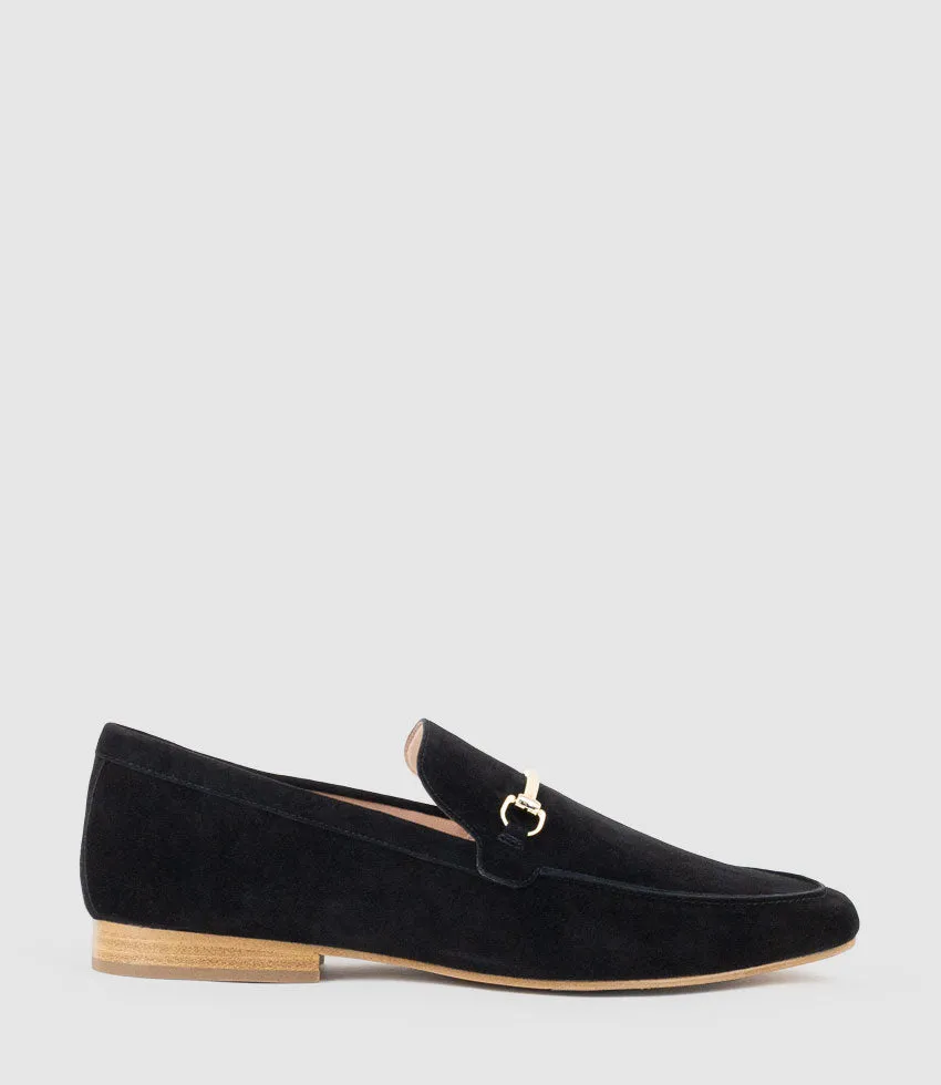 GARNET Moccasin with Bar Trim in Black Suede sold by Edward Meller