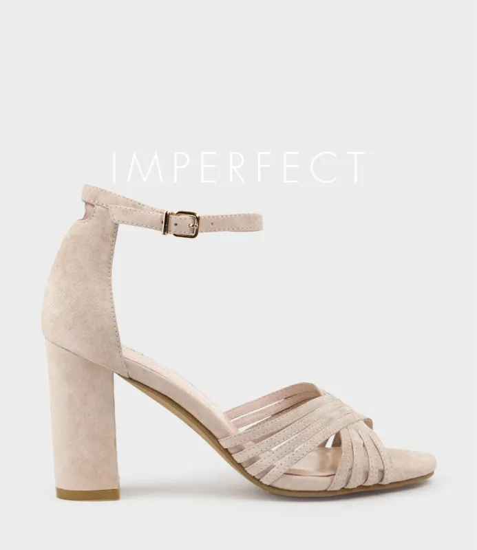 KARINA85 Multistrap Block Heel Sandal in Blush Suede sold by Edward Meller